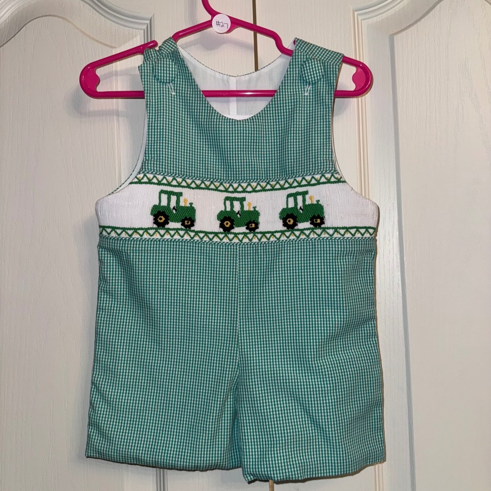 Stitchy Fish Boys Green Gingham Tractor Smocked Jon Jon Romper 6M Boutique